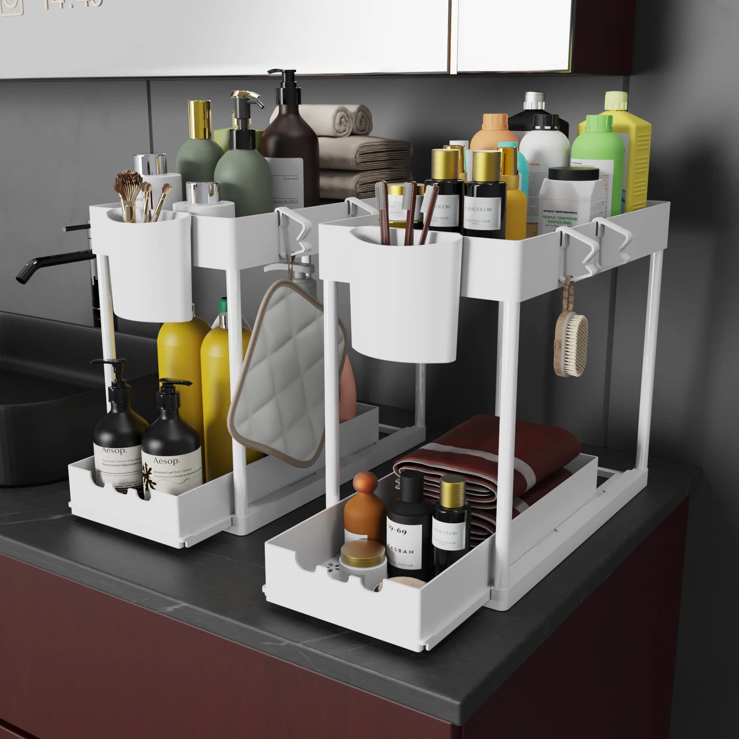 2 Pcs 2-Tier Sliding Cabinet Organizer