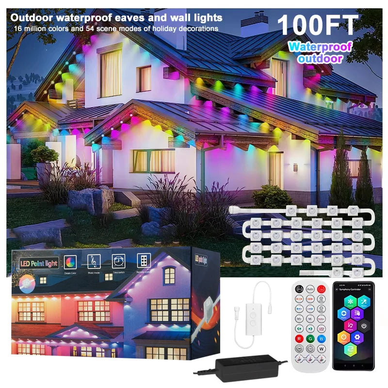 Permanent Outdoor Smart RGBIC Eaves LED Lights Festival Flashing Fairy String for Christmas Holiday Decorations
