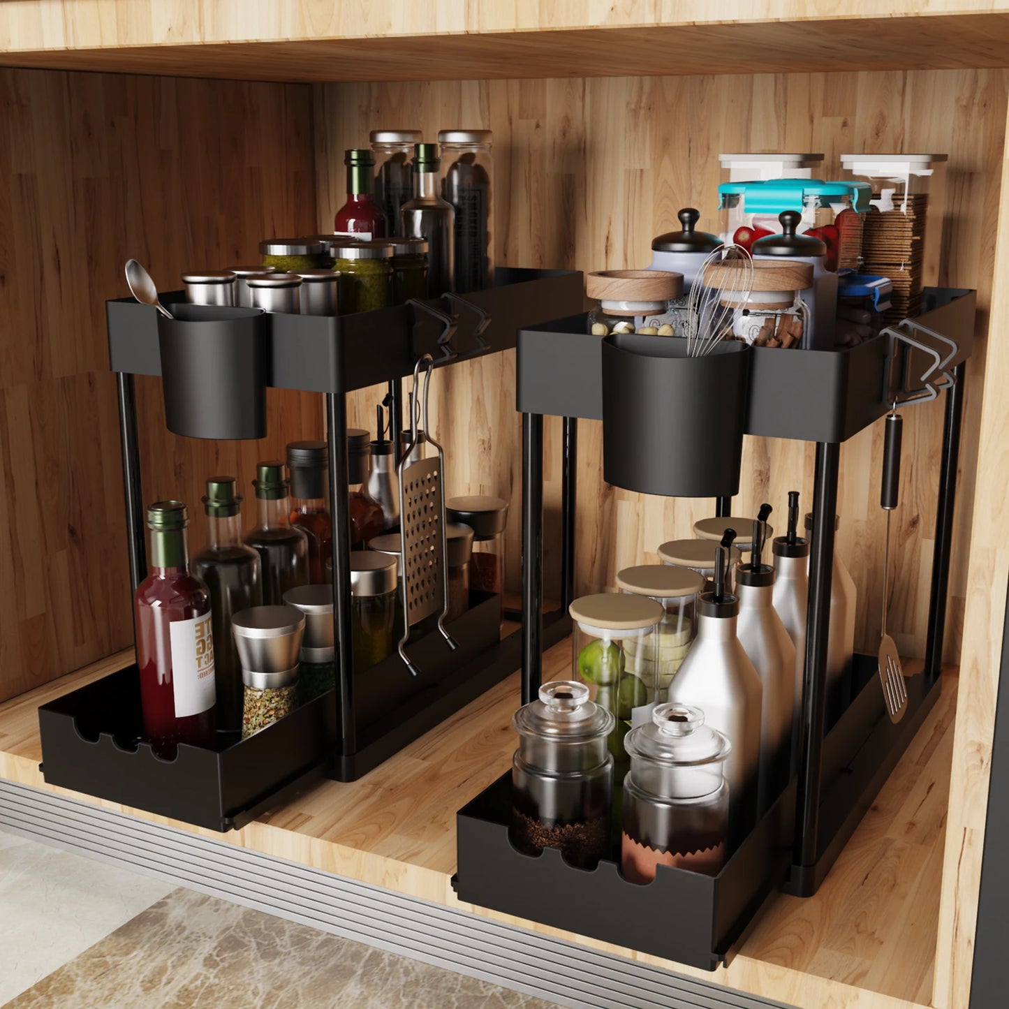2 Pcs 2-Tier Sliding Cabinet Organizer