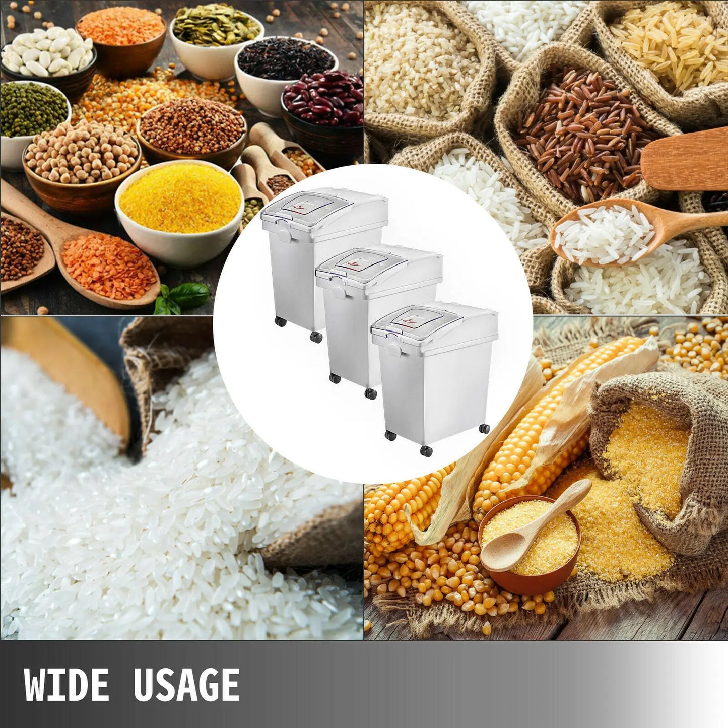 VEVOR 25L Dry Ingredient Storage Bin with Scoop and Caster Dustproof for Rice Flour and Soybeans in Restaurant Kitchen Commercial Use