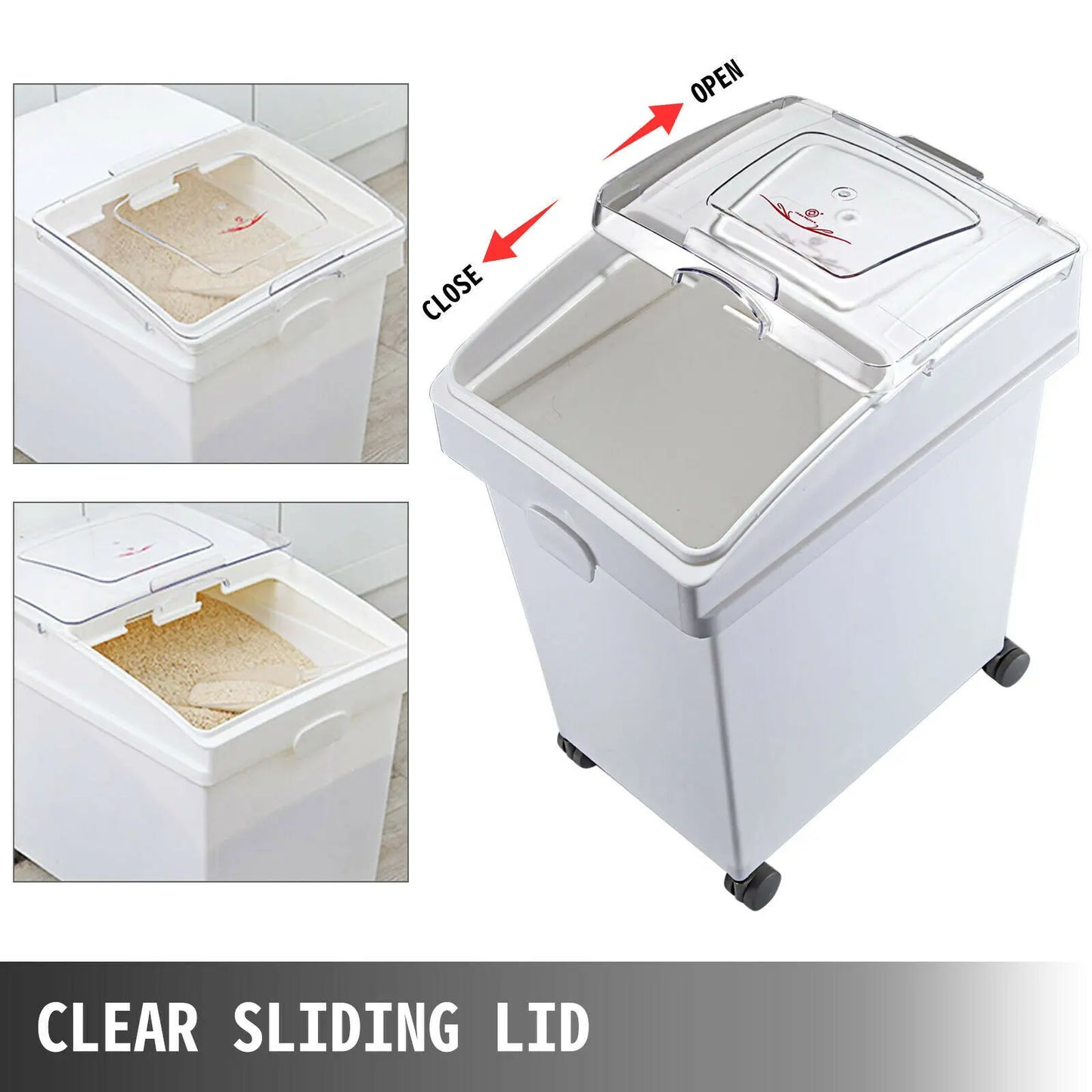 VEVOR 25L Dry Ingredient Storage Bin with Scoop and Caster Dustproof for Rice Flour and Soybeans in Restaurant Kitchen Commercial Use