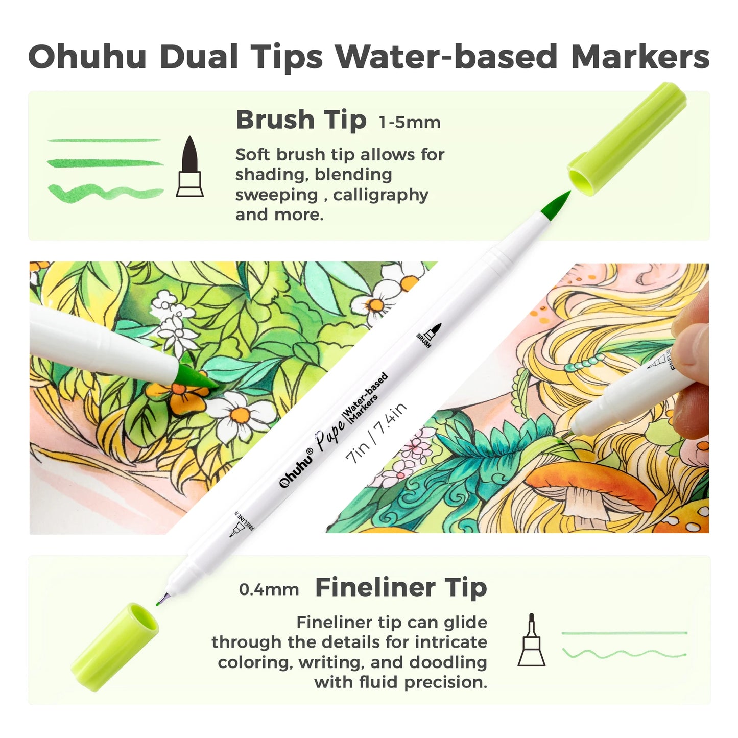 Ohuhu Markers Paper Friendly Water Based Coloring Markers Dual Brush Fineliner Tips 60 Colors Art Markers for Beginners