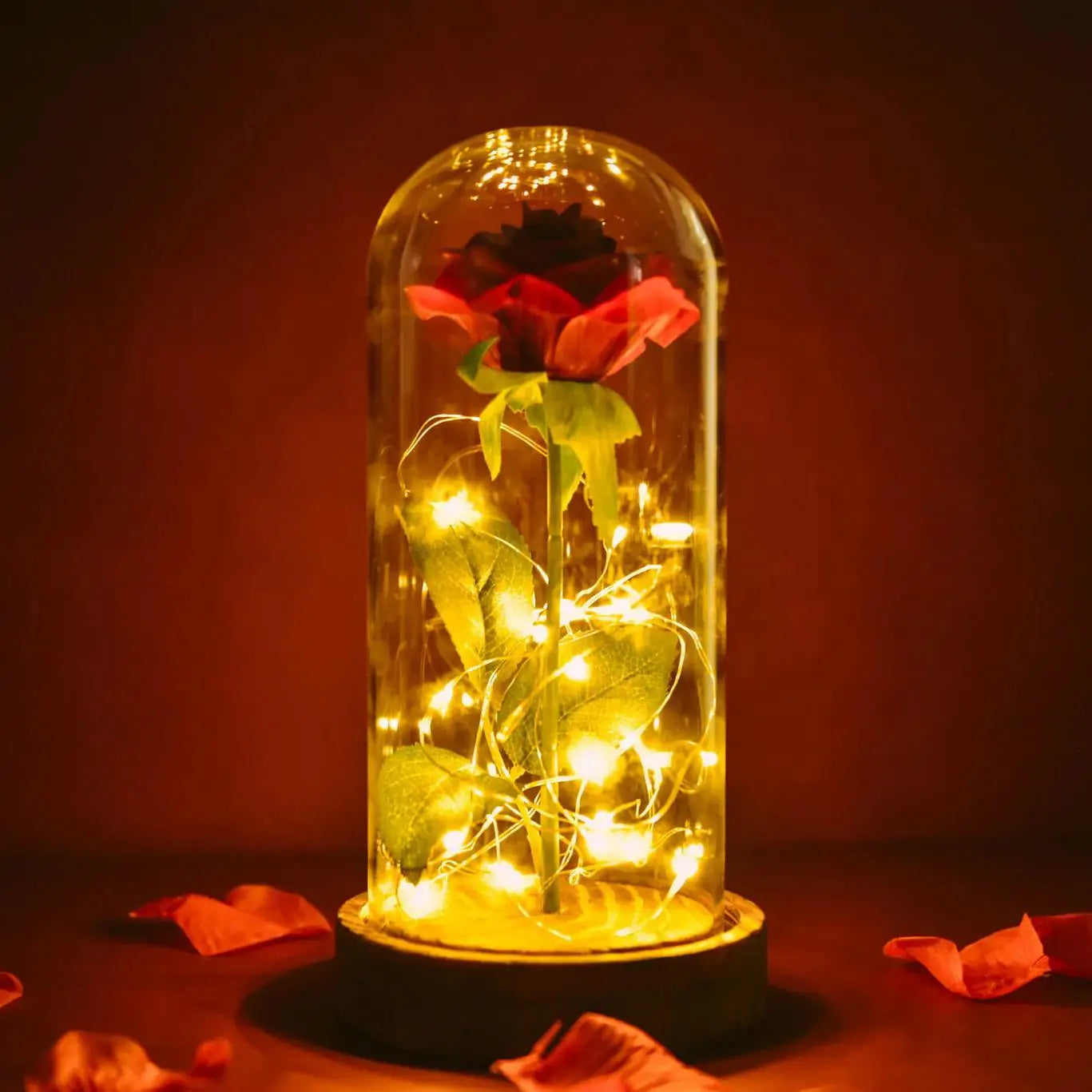 LED Enchanted Silk Rose Eternal Beauty Rose With Fairy Lights Glass Dome Gifts For Valentine's Day Wedding Party Mother's Day