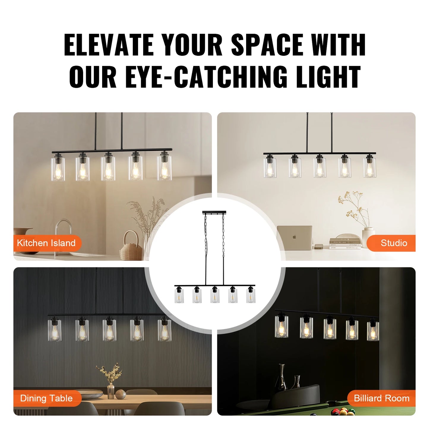 VEVOR 5 Light Kitchen Island Pendant Lights 60W Clear Glass Lampshade 4 Rods 2 Metal Chains Farmhouse Linear Chandeliers