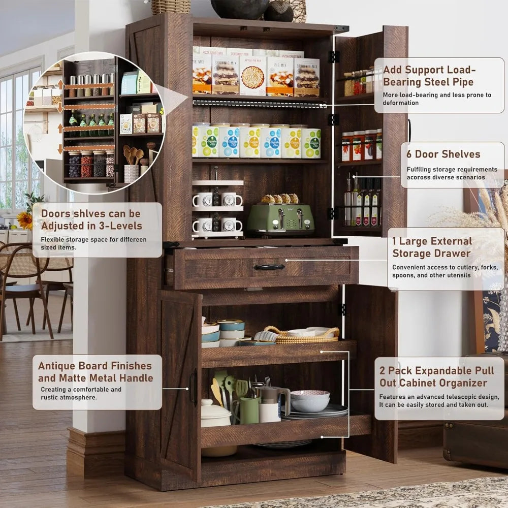 Farmhouse Kitchen Pantry Cabinet with Drawers and Barn Door Shelves