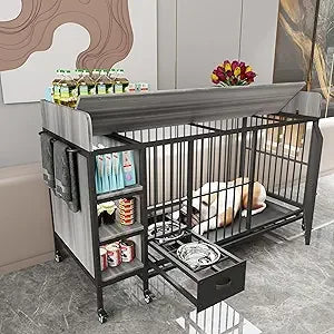 Dog Crate Furniture for Large Dogs, 57'' Dog Kennel with Adjustable Height Feeder, Dog Cage with 2 Stainless Steel Bowls and 2 D