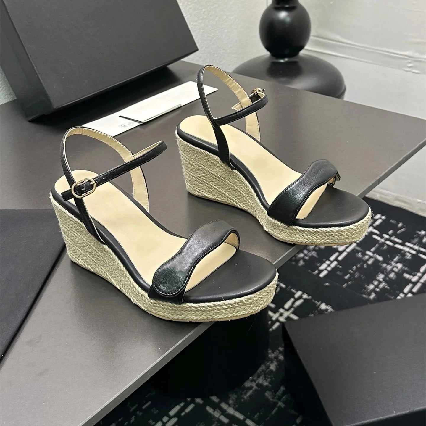 Women Genuine Leather High Heel Wedge Sandals Flat Platform Espadrilles Designer Shoes
