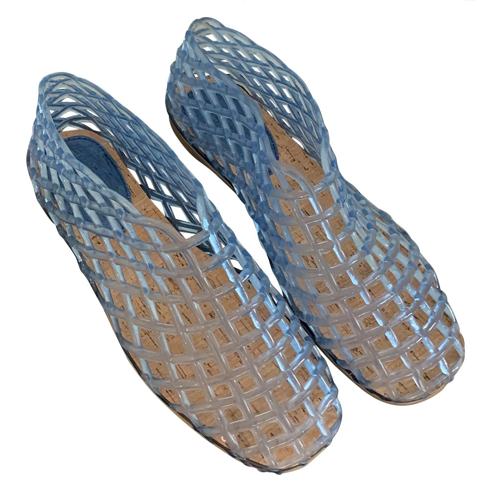 Women Jelly Flats Fashion Slip On Square Toe Hollow Out Ballet Flats Lightweight Beach Shoes for Outdoor Travel