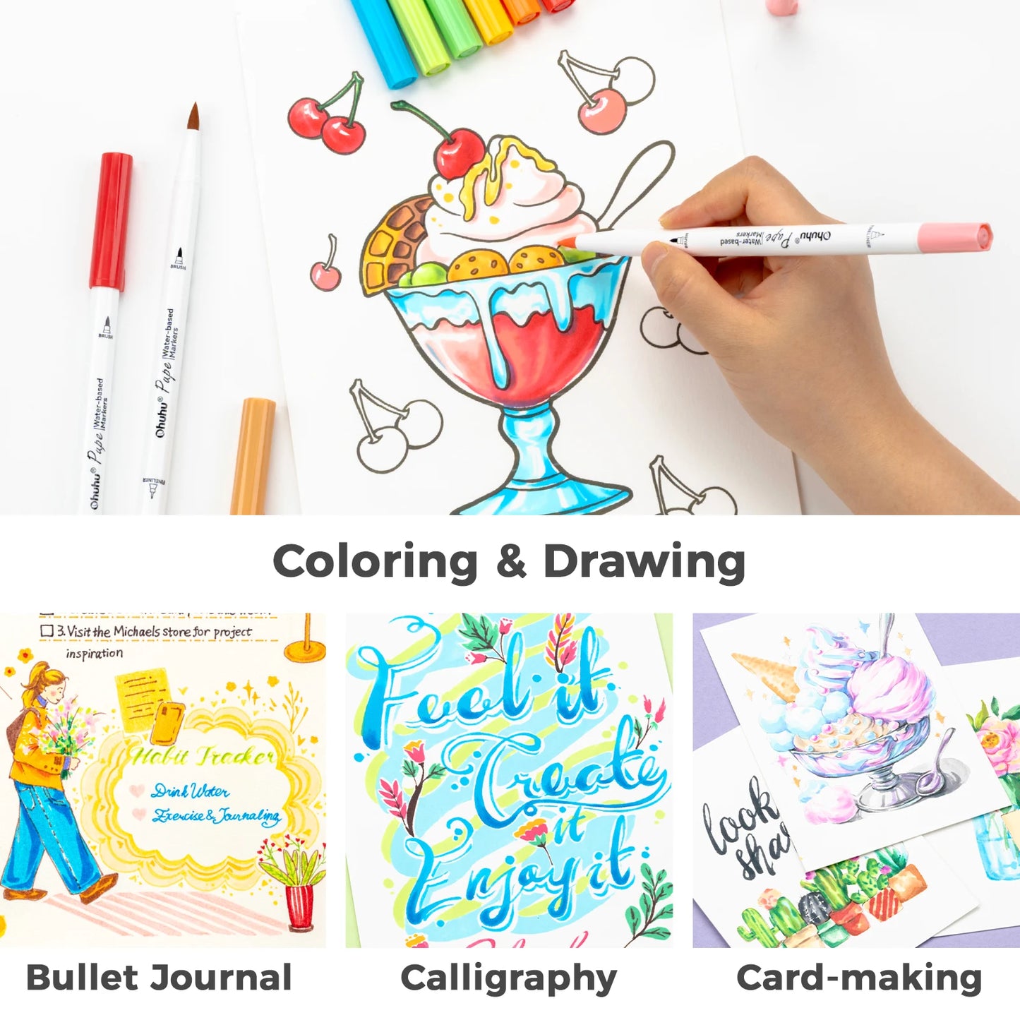 Ohuhu Markers Paper Friendly Water Based Coloring Markers Dual Brush Fineliner Tips 60 Colors Art Markers for Beginners