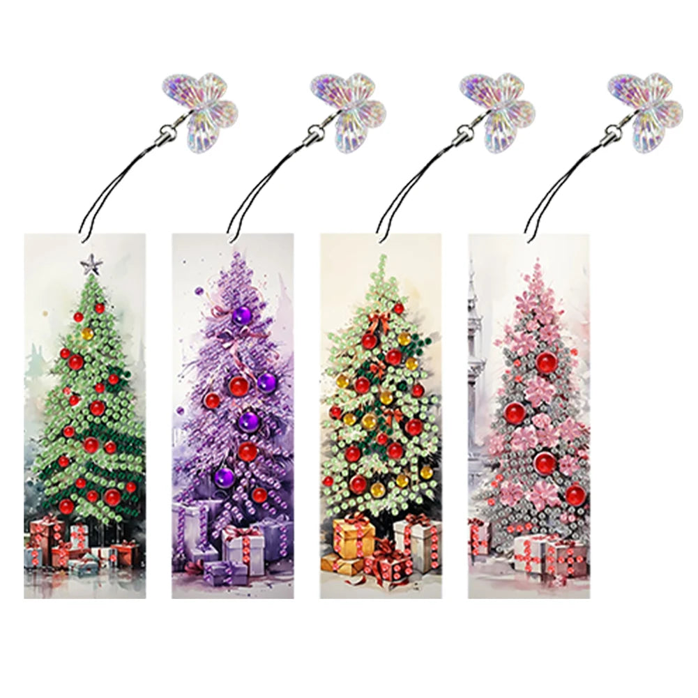 4Pcs Special Shape Santa Claus Elk Diamond Painting Bookmark 5D DIY Diamond Art Kit with Pendant
