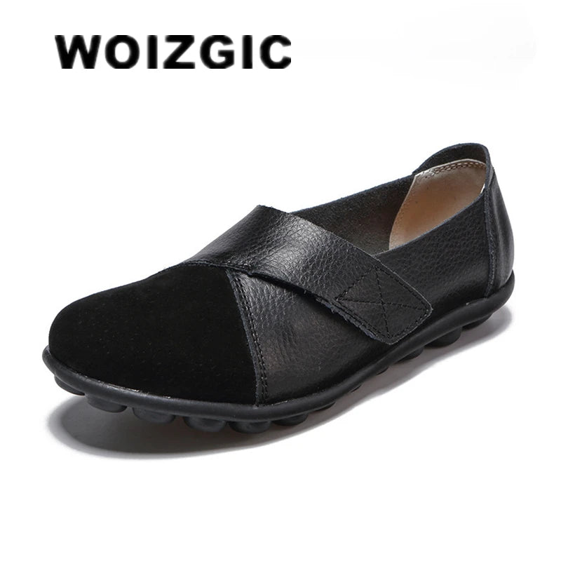 Woizgic Women's Genuine Leather Soft Flats Loafers Moccasin Boat Shoes with Hook and Loop Closure Big Size 42 43 44