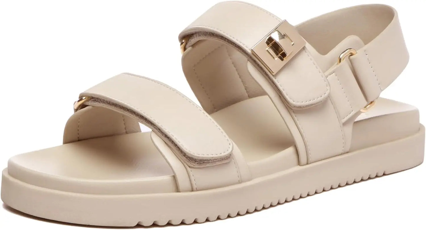 Women's Flat Sandals Comfort Adjustable Double Strap Slip on Leather Footbed Sandals Shoes