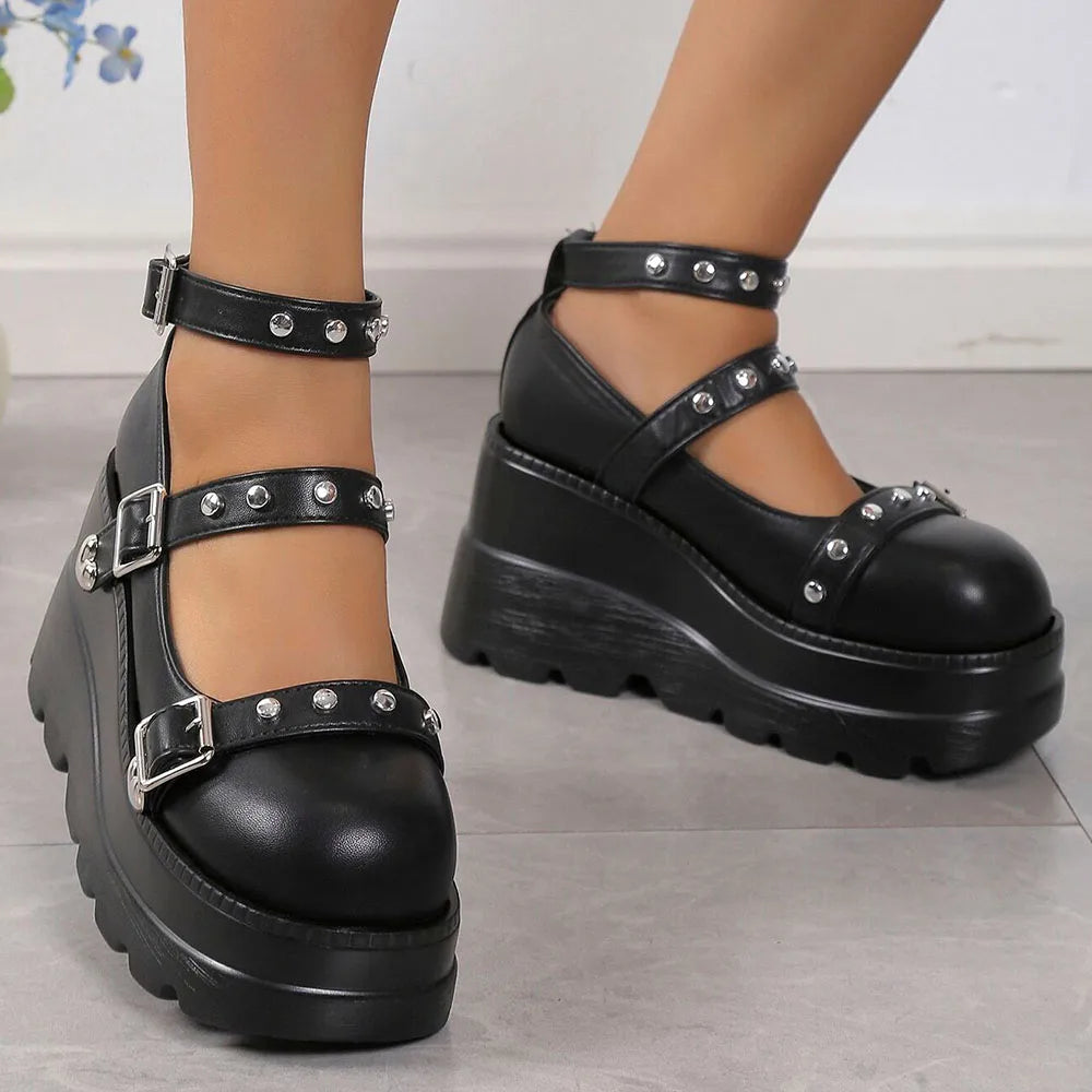 DoraTasia Retro INS Black Round Toe Heel Studded Punk Nightclub Ladies Mary Jane Y2 Lace Buckle Lolita Women's Shoes