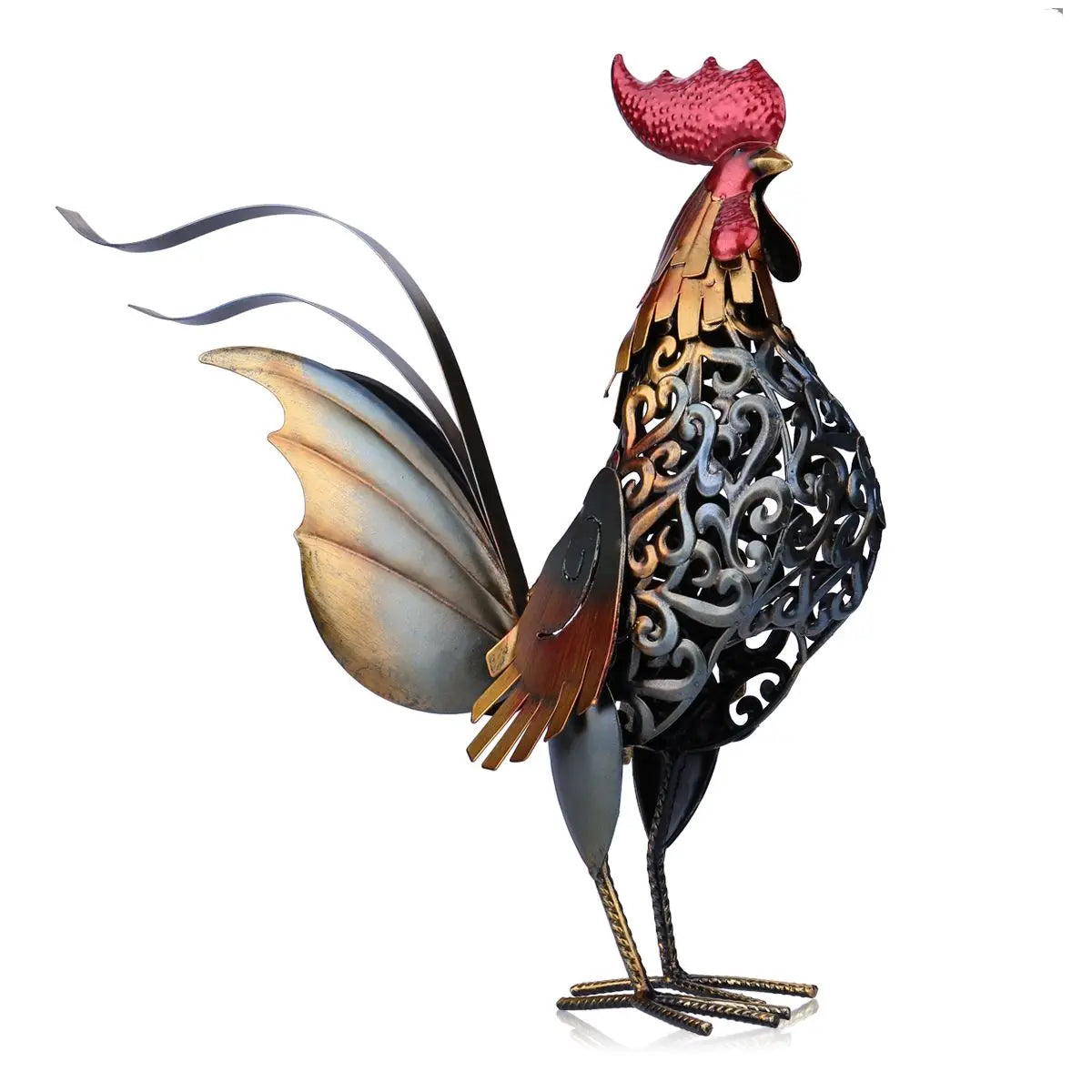 TOOARTS Metal Sculpture Carved Iron Rooster Artwork Decor