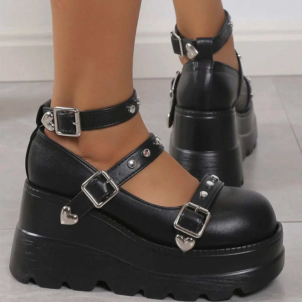 DoraTasia Retro INS Black Round Toe Heel Studded Punk Nightclub Ladies Mary Jane Y2 Lace Buckle Lolita Women's Shoes