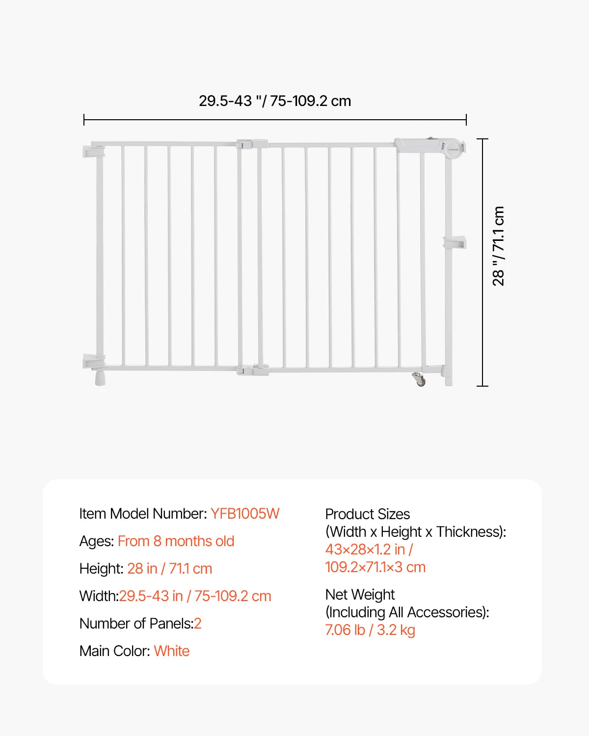 Vevor Adjustable Baby Gate 29.5 to 43 Inches Wide 28 Inches High Dog Gate No Threshold Bar Easy Step Walk For Child And Pet Security