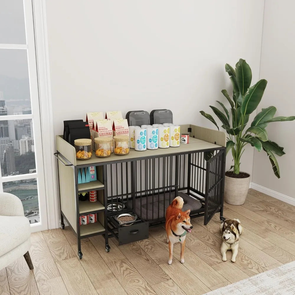 Dog Crate Furniture for Large Dogs, 57'' Dog Kennel with Adjustable Height Feeder, Dog Cage with 2 Stainless Steel Bowls and 2 D