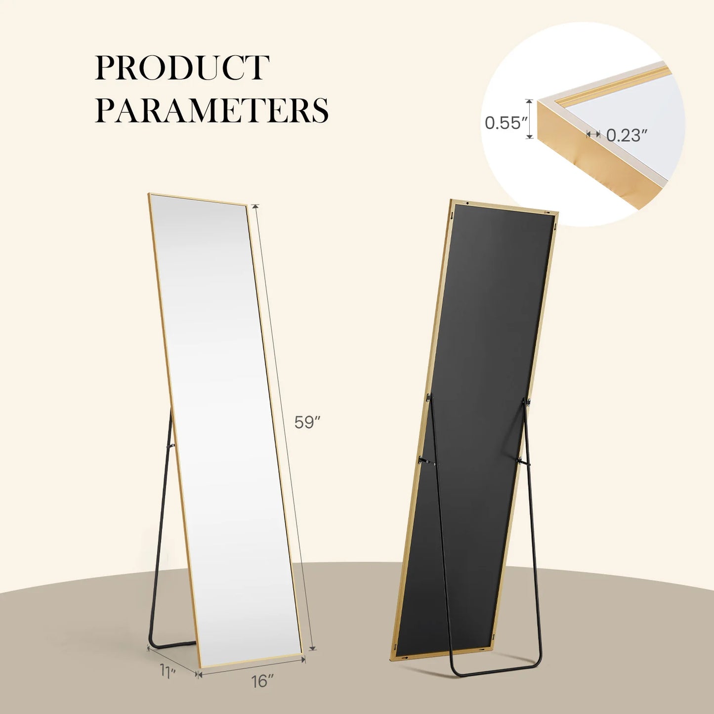 JHK Full Body Wall Mirror 59 Inch by 16 Inch or 64 Inch by 21 Inch Standing or Wall Hanging with Aluminum Alloy Frame for Bedroom and Cloakroom Decoration