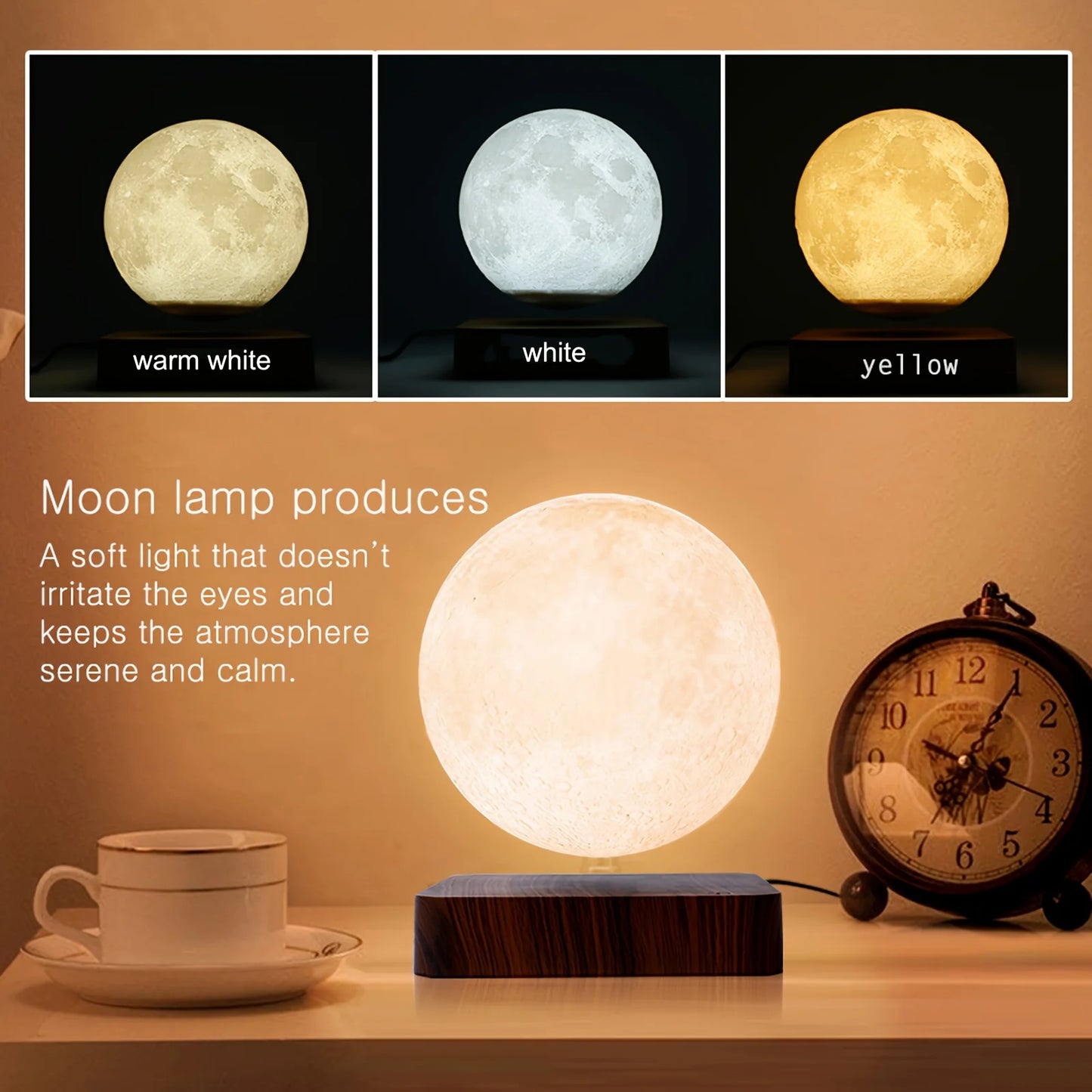 Magnetic Floating Rotating Moon Lamp with Wooden Base 3 Color Temperature LED Night Light Unique 3D Print Gift for Room