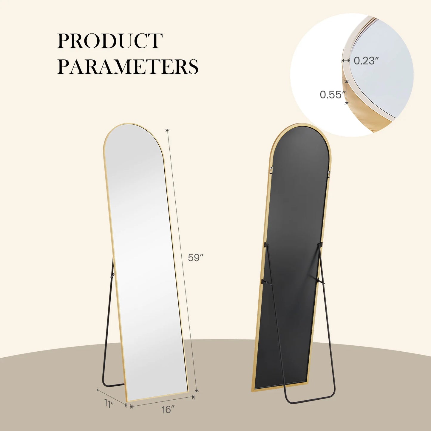JHK Full Body Wall Mirror 59 Inch by 16 Inch or 64 Inch by 21 Inch Standing or Wall Hanging with Aluminum Alloy Frame for Bedroom and Cloakroom Decoration