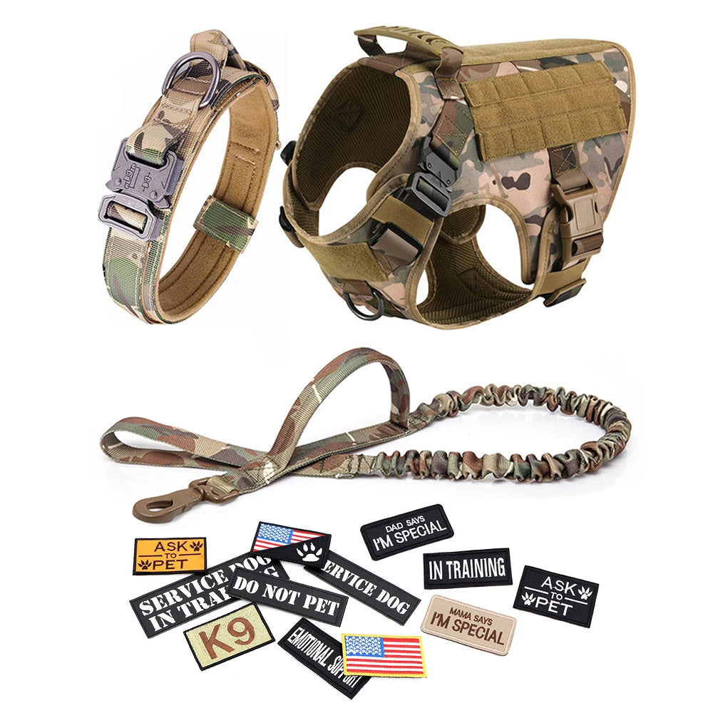 Dog Harness Leash Collar Patches Set for Medium Large Dogs Adjustable Tactical Pet Vest for Training and Walking