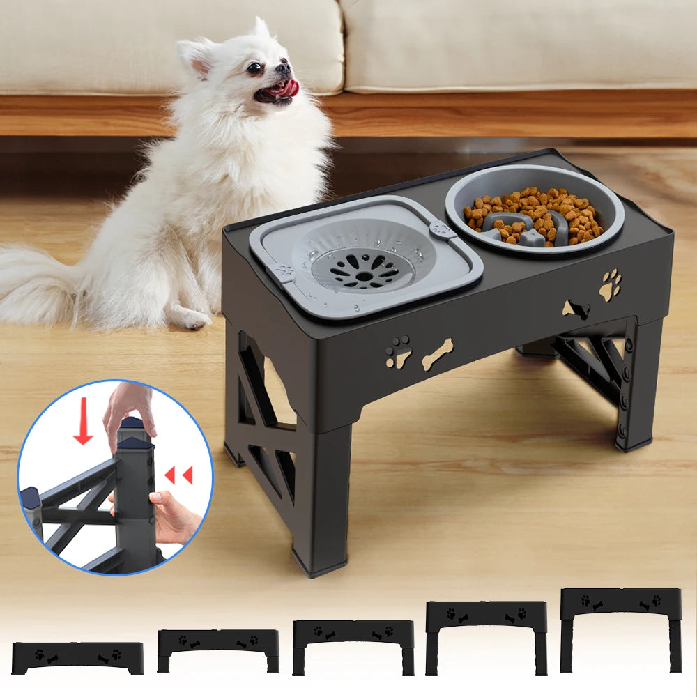 Three In One Adjustable Pet Feeder With Slow Feed Bowls