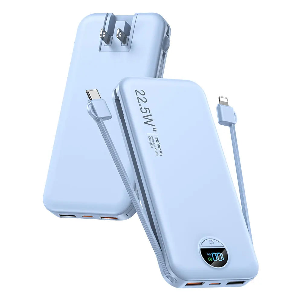 Ultra Thin 12000mAh USB C Power Bank Built In Cables