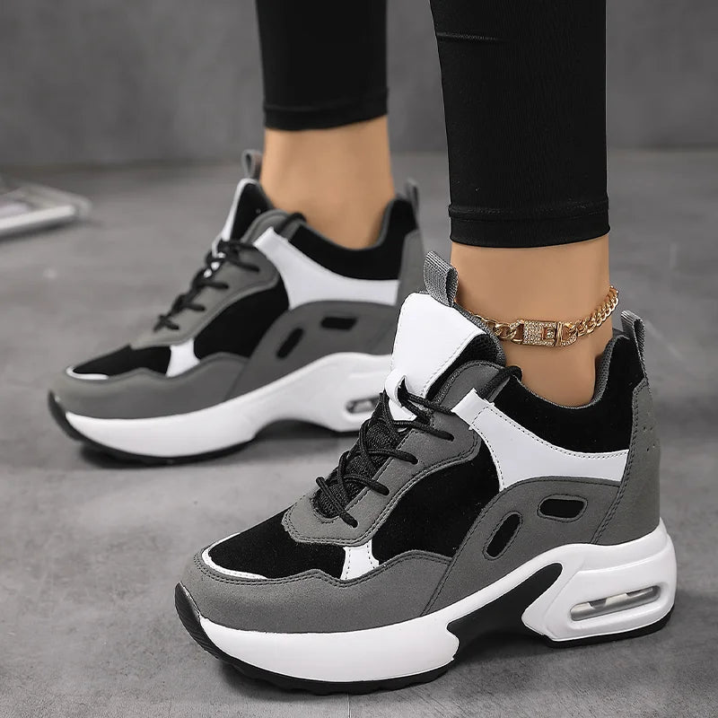 Women Air Cushion Sneakers Mix Color Height Increase Elevator Shoes Outdoor Wedge Platform High Heels Lace-up Walking Shoes