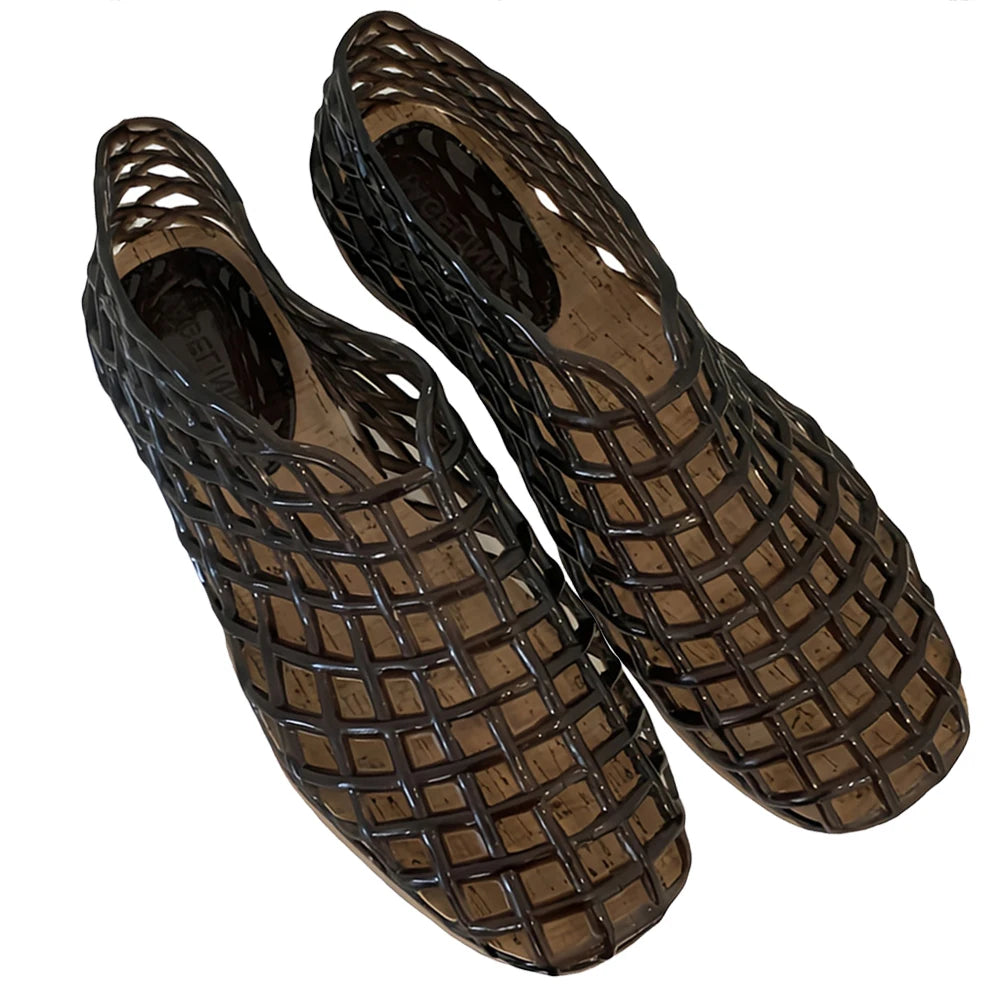 Women Jelly Flats Fashion Slip On Square Toe Hollow Out Ballet Flats Lightweight Beach Shoes for Outdoor Travel