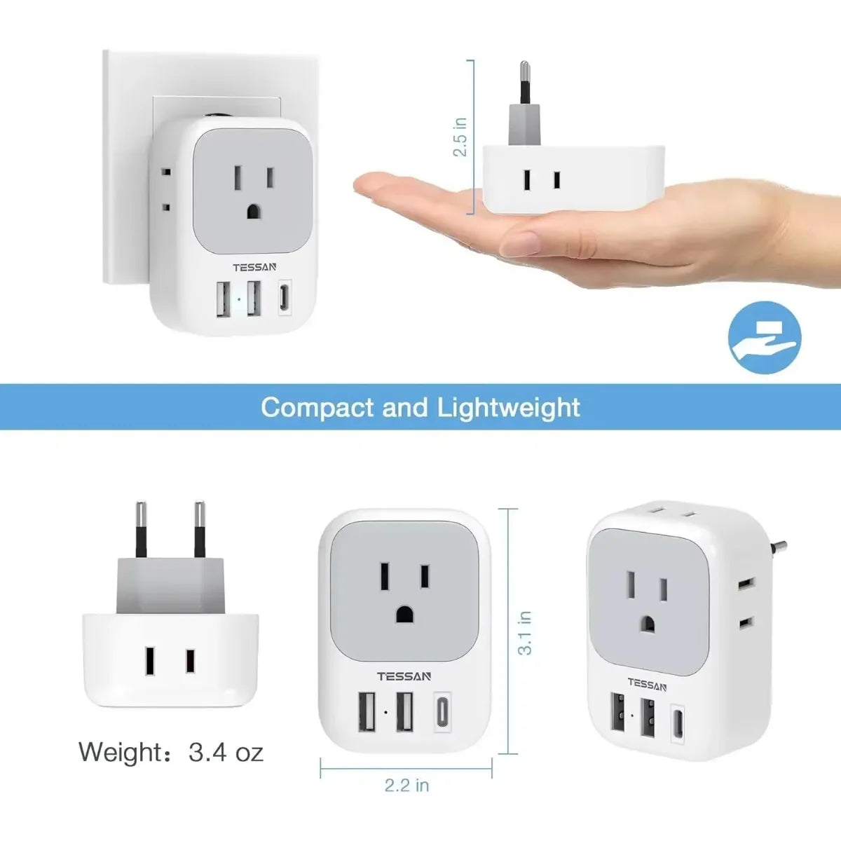 US Plug Power Strip with 4AC Outlet and 3USB Charging Port