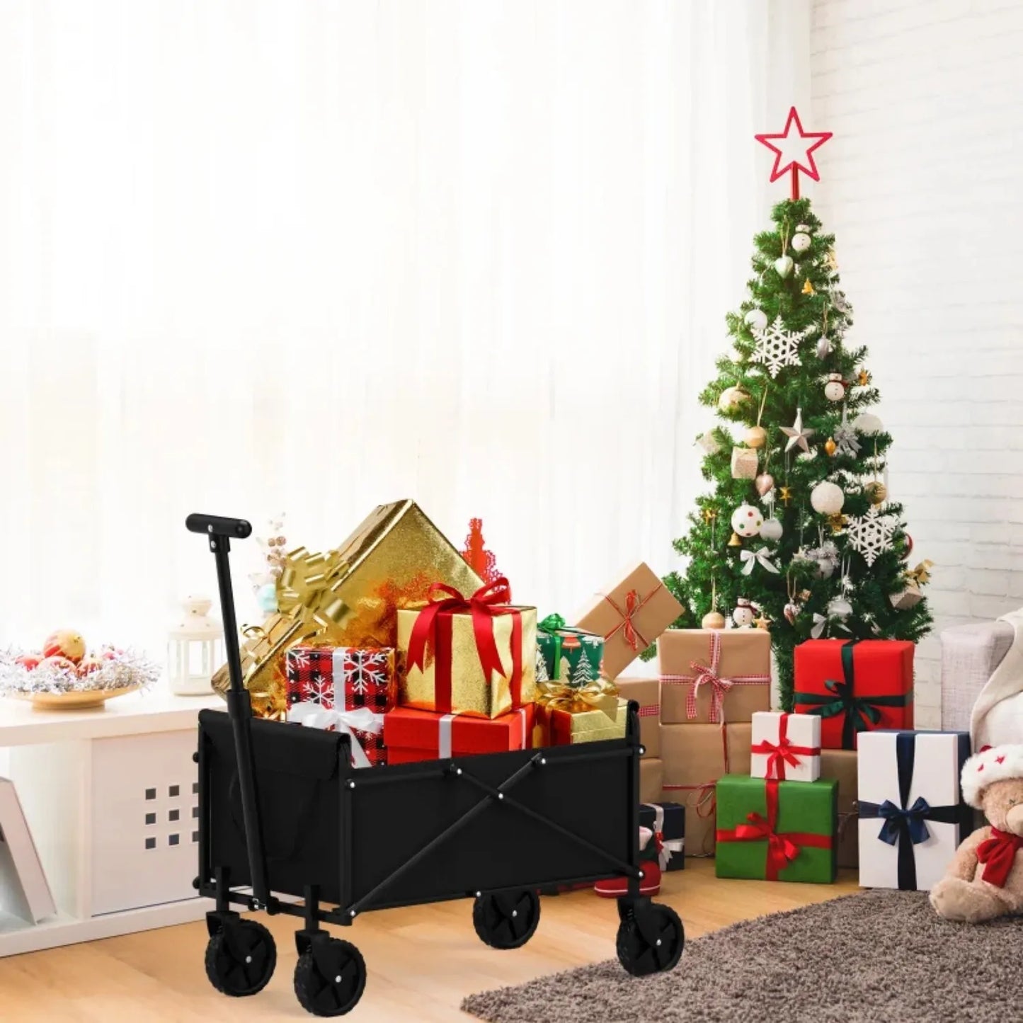 4 Wheel Foldable Garden Handcart Heavy Duty Cargo Transport One Hand Carry Portable Design for Easy Storage