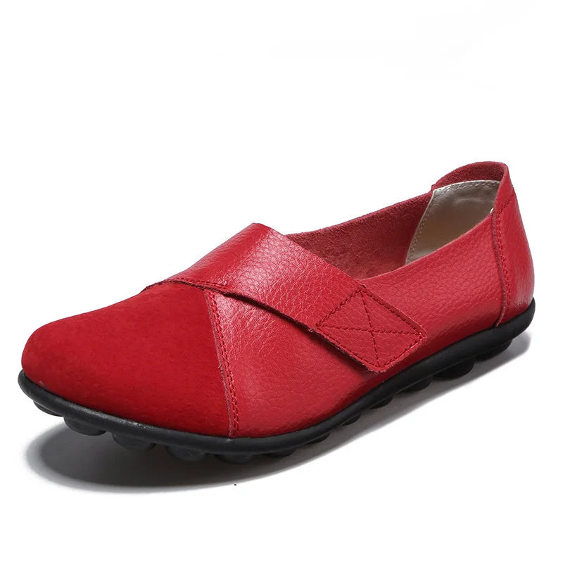 Woizgic Women's Genuine Leather Soft Flats Loafers Moccasin Boat Shoes with Hook and Loop Closure Big Size 42 43 44
