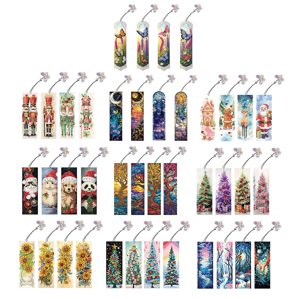 4Pcs Special Shape Santa Claus Elk Diamond Painting Bookmark 5D DIY Diamond Art Kit with Pendant