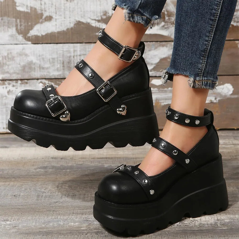 DoraTasia Retro INS Black Round Toe Heel Studded Punk Nightclub Ladies Mary Jane Y2 Lace Buckle Lolita Women's Shoes