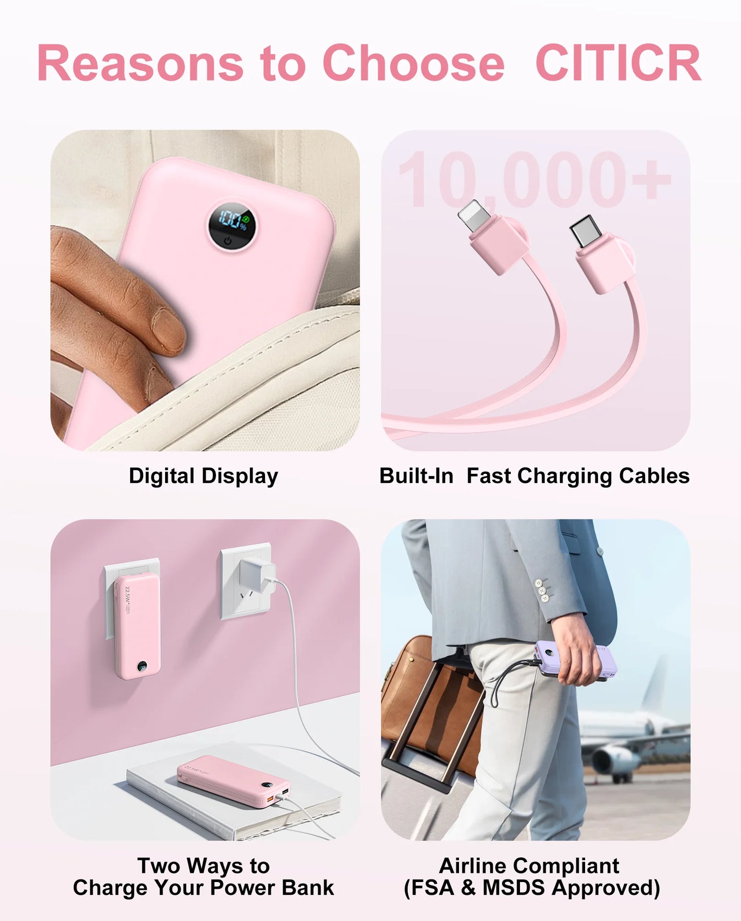 Ultra Thin 12000mAh USB C Power Bank Built In Cables