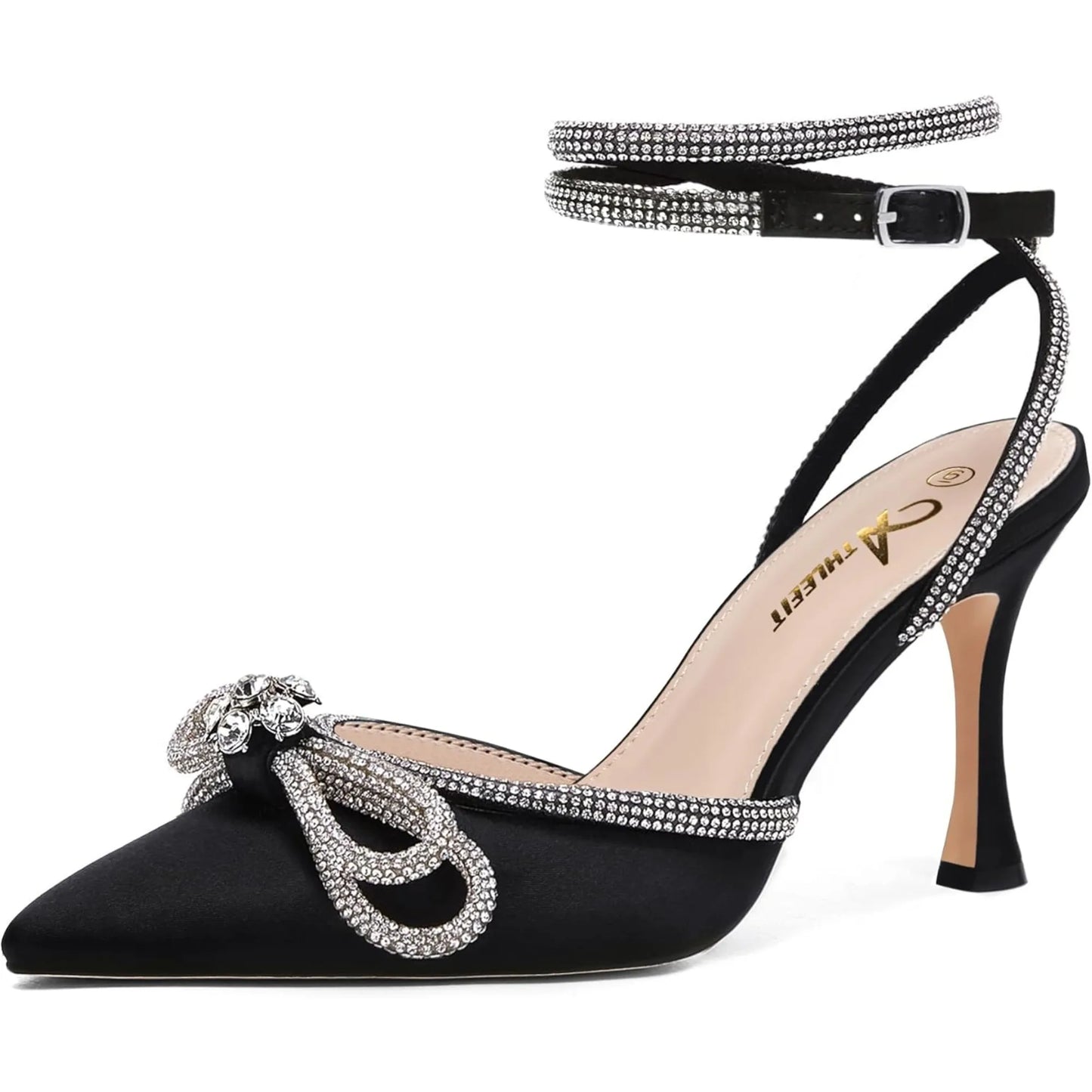 Women's Rhinestone Bow Heels Ankle Strap Pointed Toe Stiletto Heeled Sandals Wedding Bridal Dress Pumps