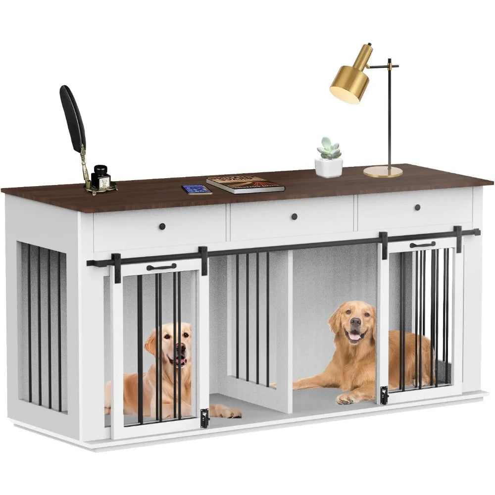 Very 72 Double Dog Crate Furniture For 2 Dogs Heavy Duty Wood Cage Table With Storage Drawers