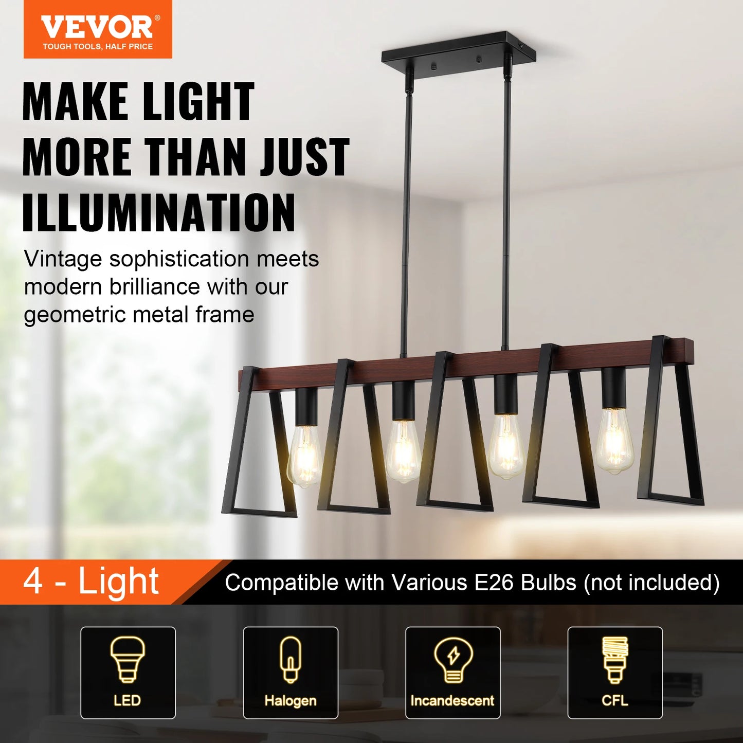 VEVOR 4 Light Kitchen Island Pendant Lights 60W with 2x6 Inch and 6x12 Inch Rods Industrial Metal Frame Farmhouse Linear Chandeliers
