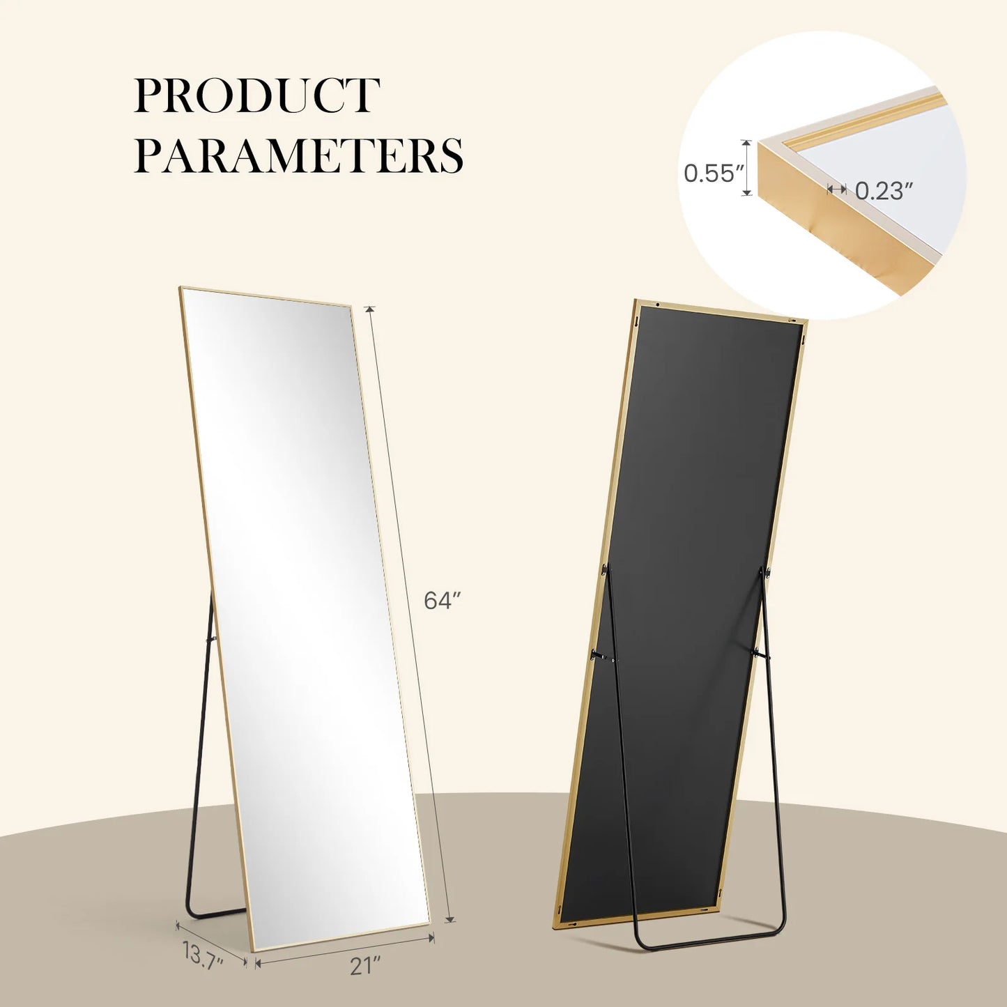 JHK Full Body Wall Mirror 59 Inch by 16 Inch or 64 Inch by 21 Inch Standing or Wall Hanging with Aluminum Alloy Frame for Bedroom and Cloakroom Decoration