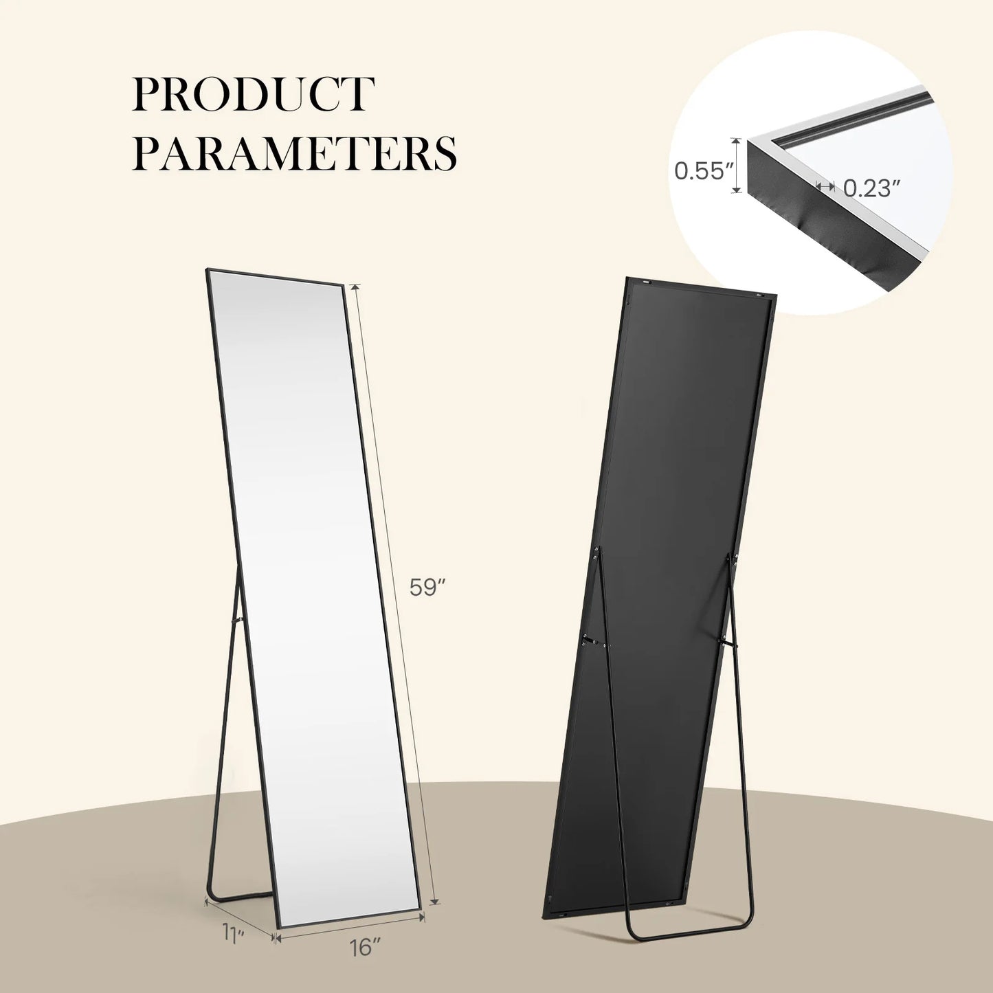 JHK Full Body Wall Mirror 59 Inch by 16 Inch or 64 Inch by 21 Inch Standing or Wall Hanging with Aluminum Alloy Frame for Bedroom and Cloakroom Decoration