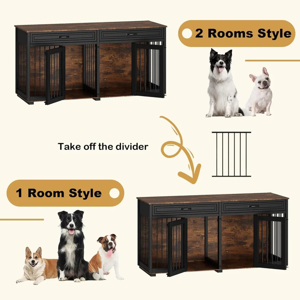 Furniture Style Dog Crate 64.6 Inch Wooden Large Dog Kennel with Drawers and Divider Indoor Dog House Furniture with Double Room