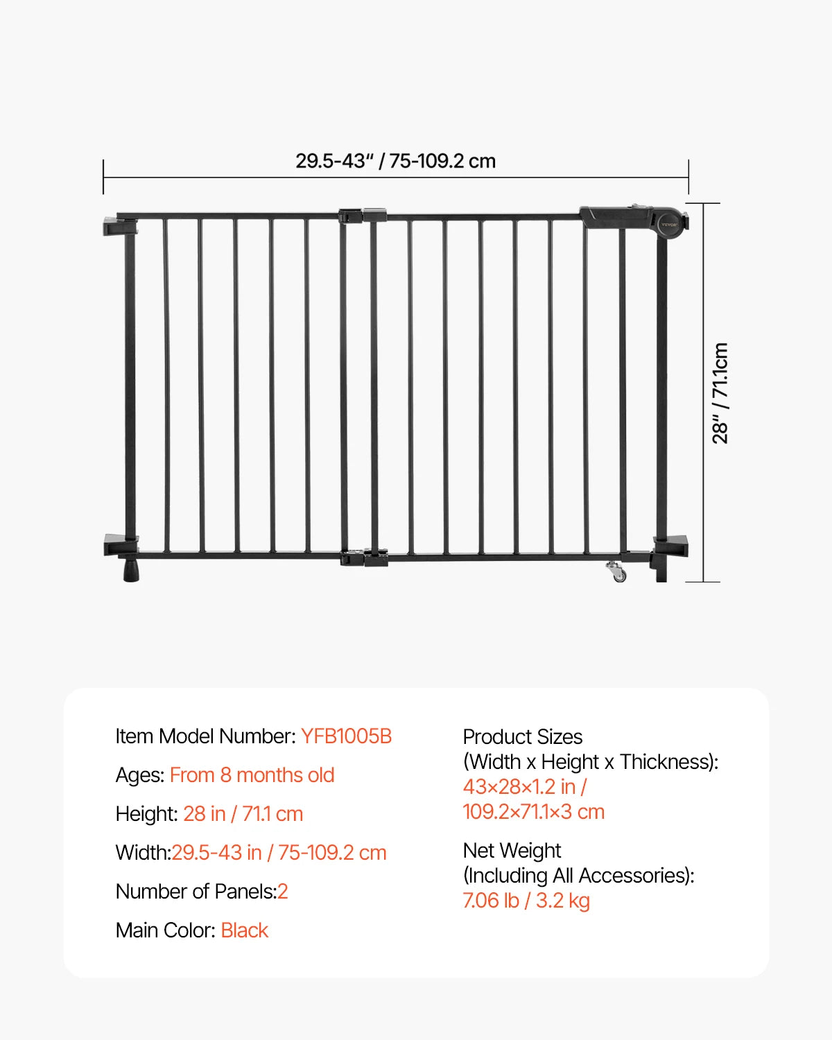 Vevor Adjustable Baby Gate 29.5 to 43 Inches Wide 28 Inches High Dog Gate No Threshold Bar Easy Step Walk For Child And Pet Security