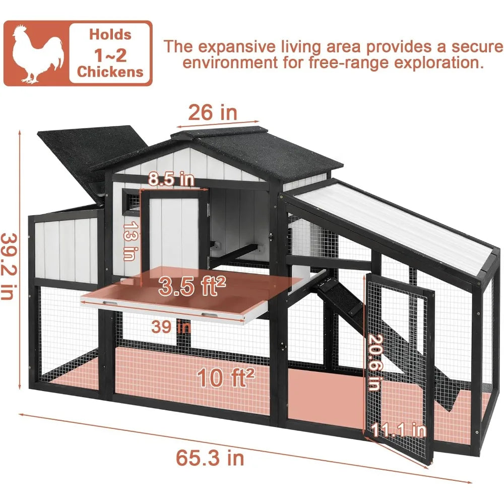 65.3 Inch Chicken Coop and Run Wooden Hen House for One to Two Chickens with Nesting Box Tray and Perches Indoor Outdoor Pet Hutch