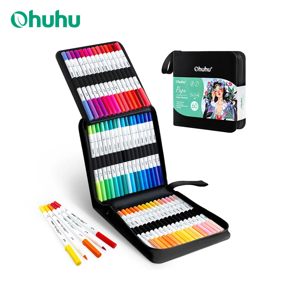 Ohuhu Markers Paper Friendly Water Based Coloring Markers Dual Brush Fineliner Tips 60 Colors Art Markers for Beginners