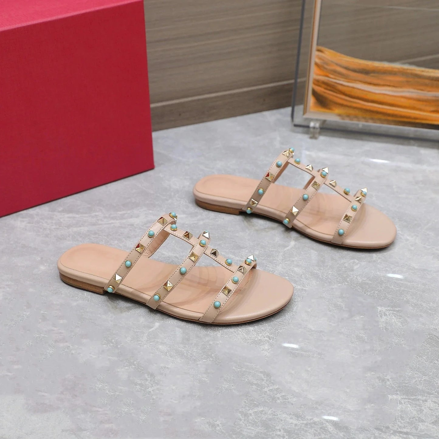 Genuine Leather Women Slippers Medium Heels Butterfly Knot Summer Slides Designer Shoes Size 35-41