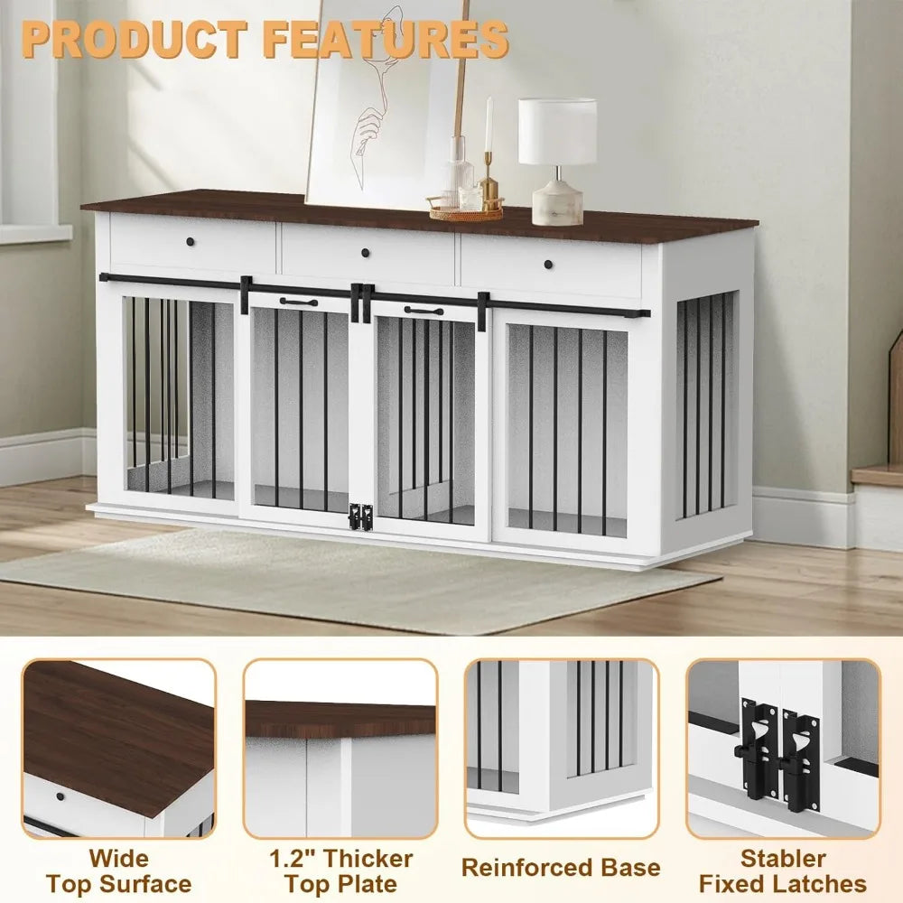 Very 72 Double Dog Crate Furniture For 2 Dogs Heavy Duty Wood Cage Table With Storage Drawers