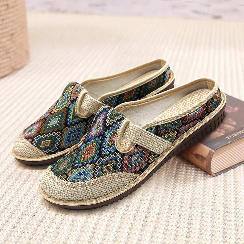 Fashion Women's Ethnic Style Embroidered Linen Casual Slippers Breathable Outdoor Shoes for Women