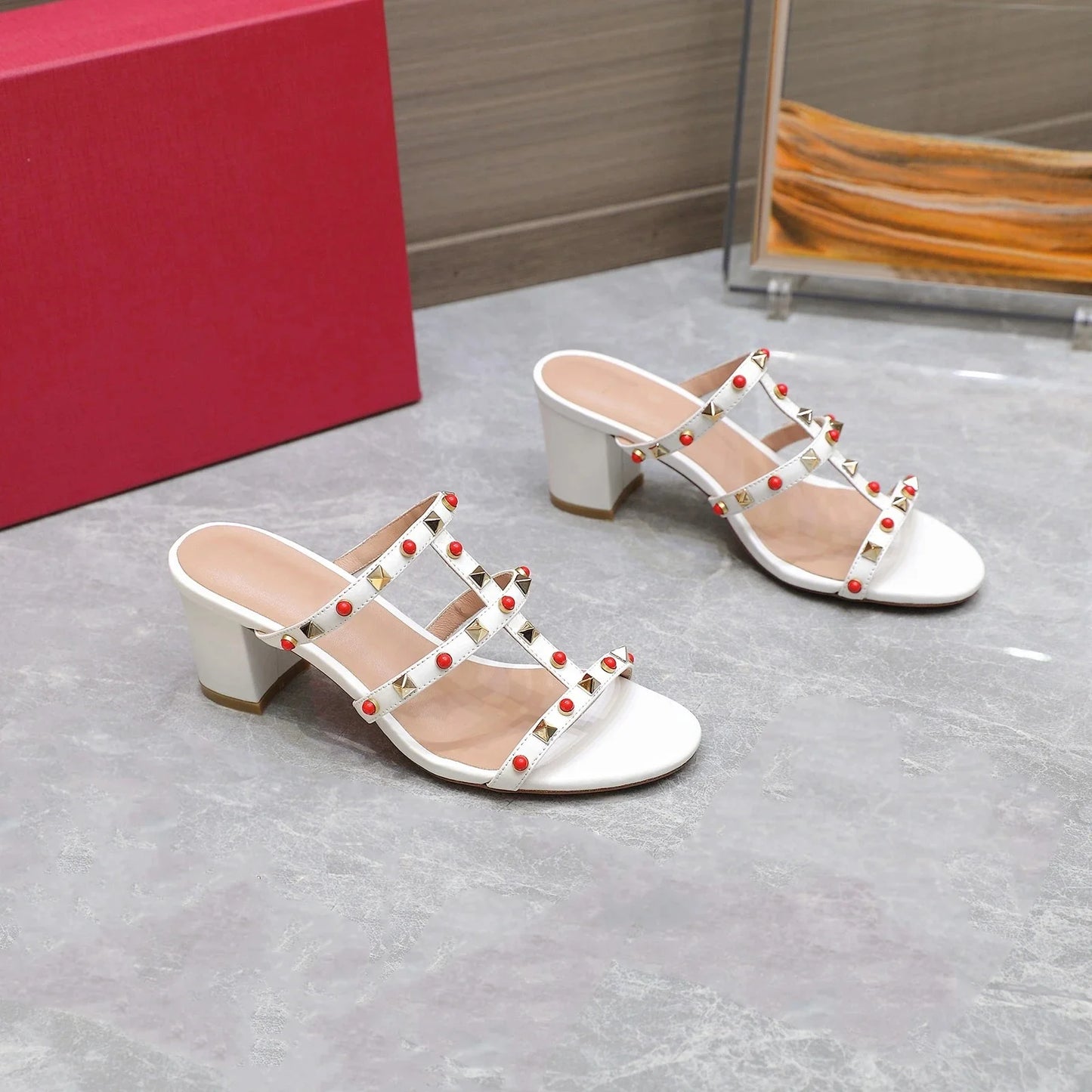Genuine Leather Women Slippers Medium Heels Butterfly Knot Summer Slides Designer Shoes Size 35-41