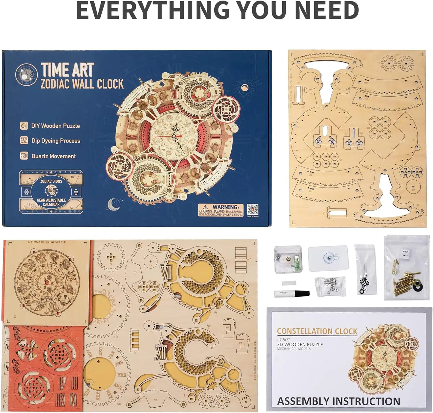 Robotime 3D Wooden Puzzles Steampunk Clock Kit DIY Mechanical Wall Quartz Clock for Adults