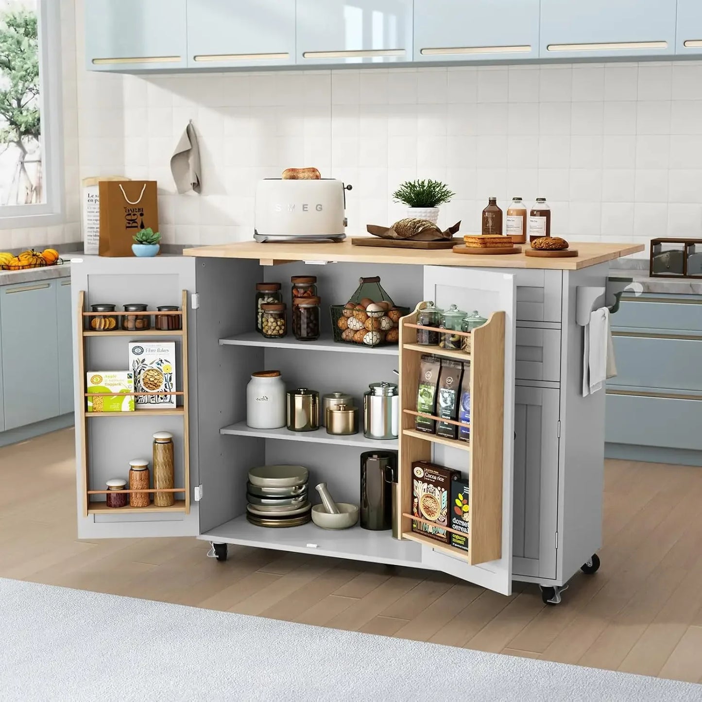 ANGDUO Modern Rolling Kitchen Island with Storage and Drop-Leaf